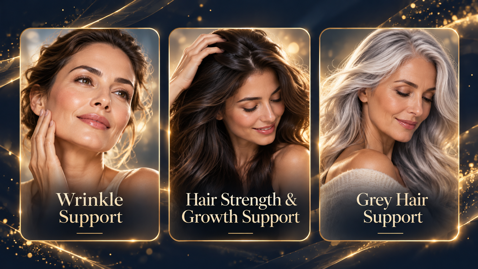 Laylnova Bio product showcase for wrinkle support, hair strength and growth support, and grey hair support